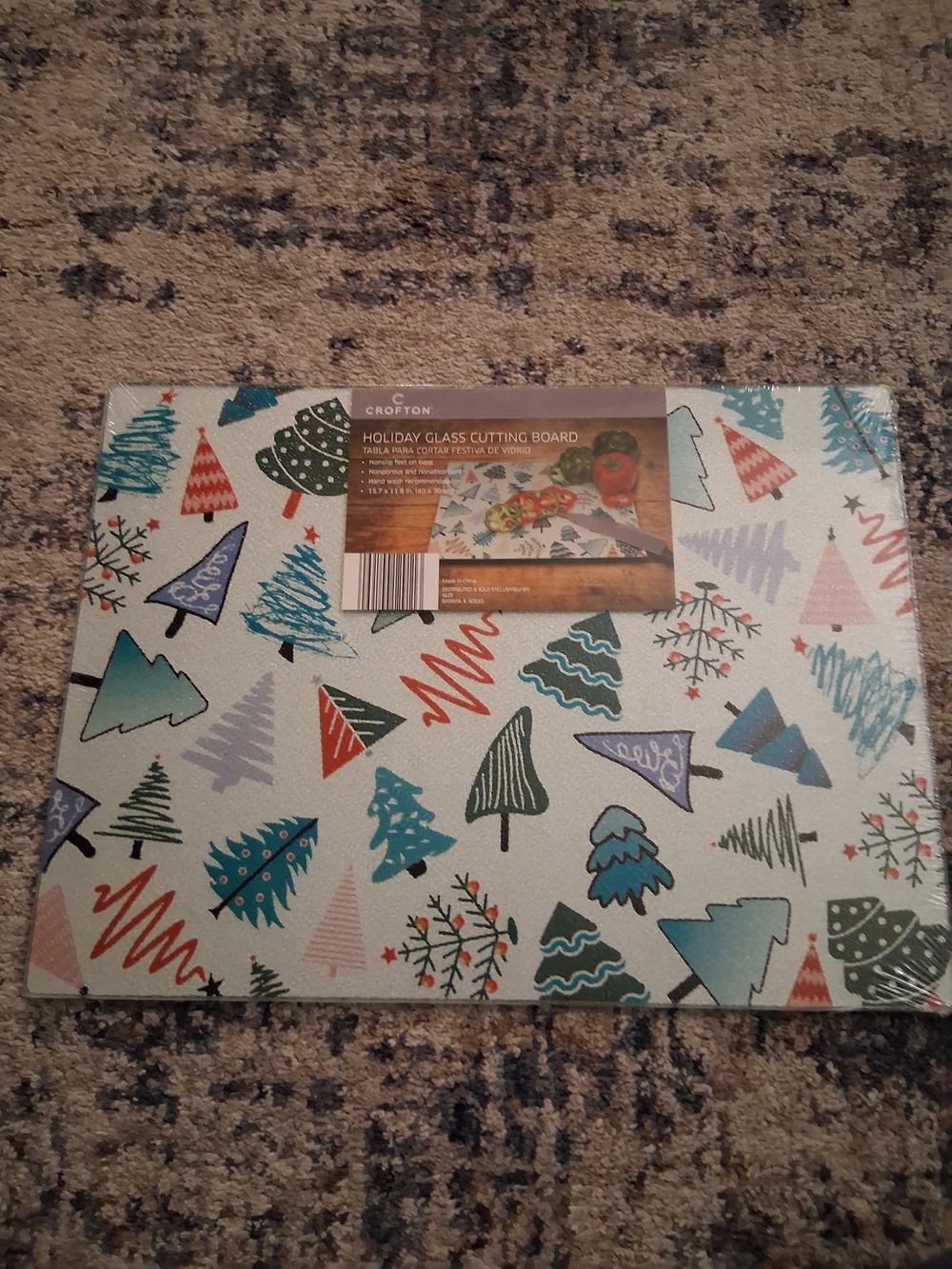 Crofton Holiday Glass Cutting Board — Teal, Green, Red & Purple Tree Design